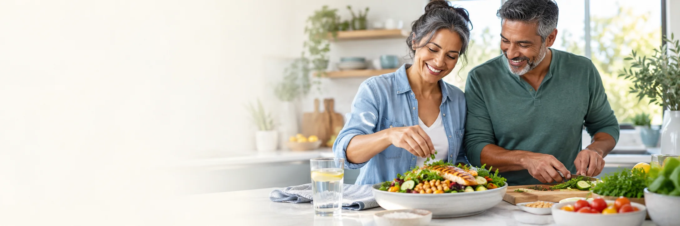 A couple preparing a fresh lunch together in a bright kitchen.