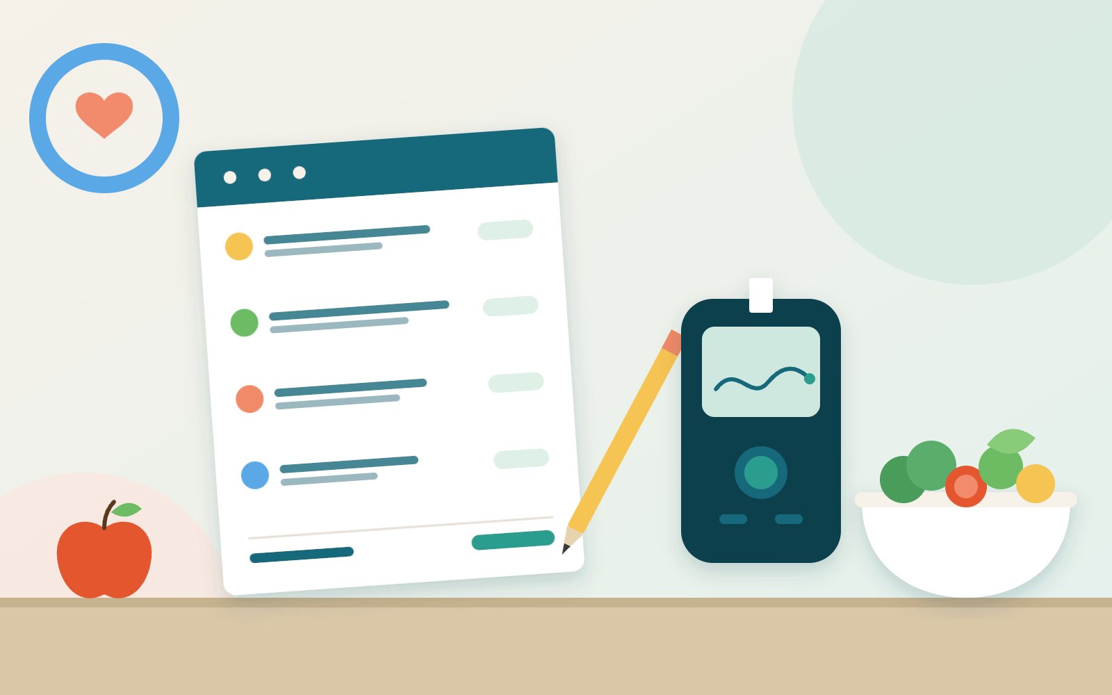 Illustration of a daily meal planner notebook, a blood glucose meter and a bowl of fresh vegetables